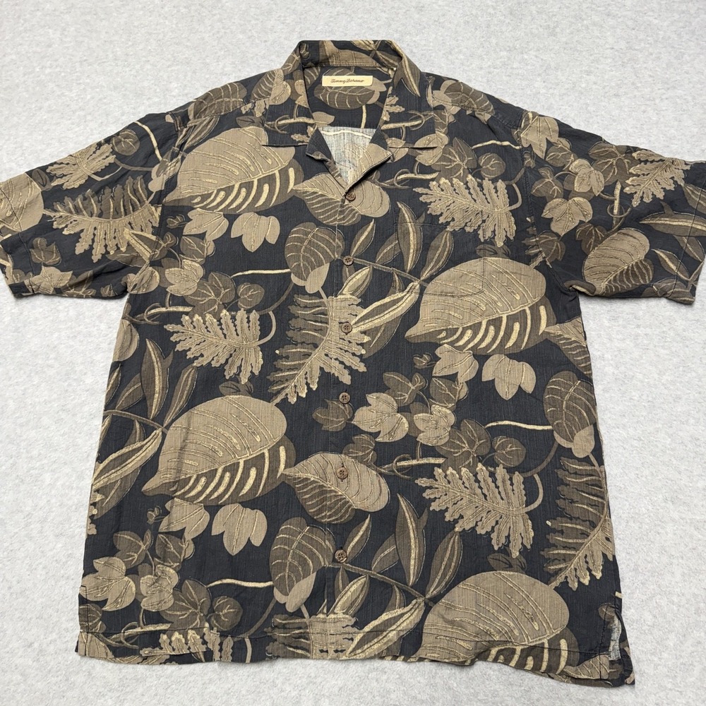 Tommy Bahama Silk Shirt Mens Large Brown Leaf Hawaiian Short Sleeve Button-Up